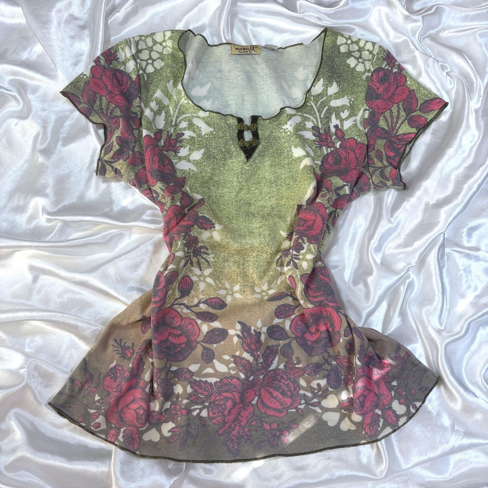 y2k One World Top Green Excellent Floral Rose Rhinestone Keyhole XL